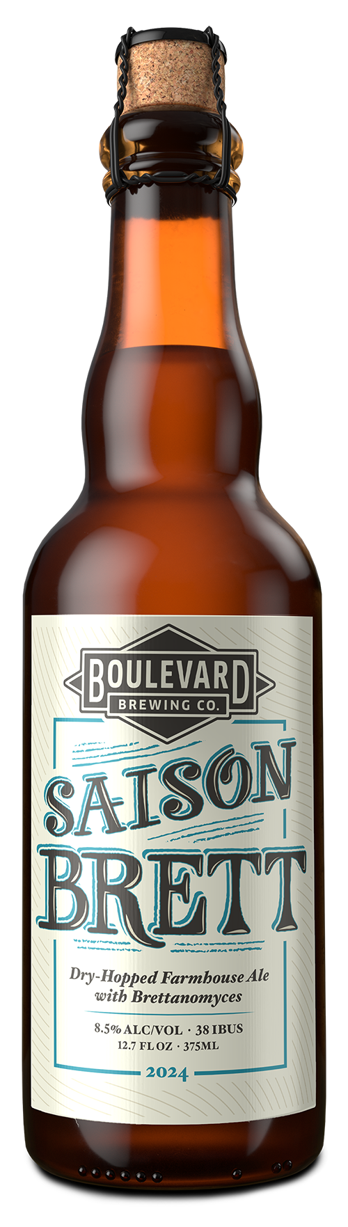 A 375ml bottle of Boulevard Brewing Co. Saison Brett beer is shown. The label states it is a dry-hopped farmhouse ale with Brettanomyces, containing 8.5% alcohol and 38 IBUs. The bottle has a cork top secured with a wire cage, and a vintage-inspired design.