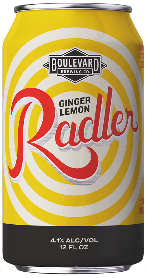 A can of Boulevard Brewing Co.'s Ginger Lemon Radler, featuring a yellow and white spiral design. The can displays the brand logo, "Ginger Lemon Radler" text, and indicates 4.1% alcohol by volume and 12 fluid ounces.