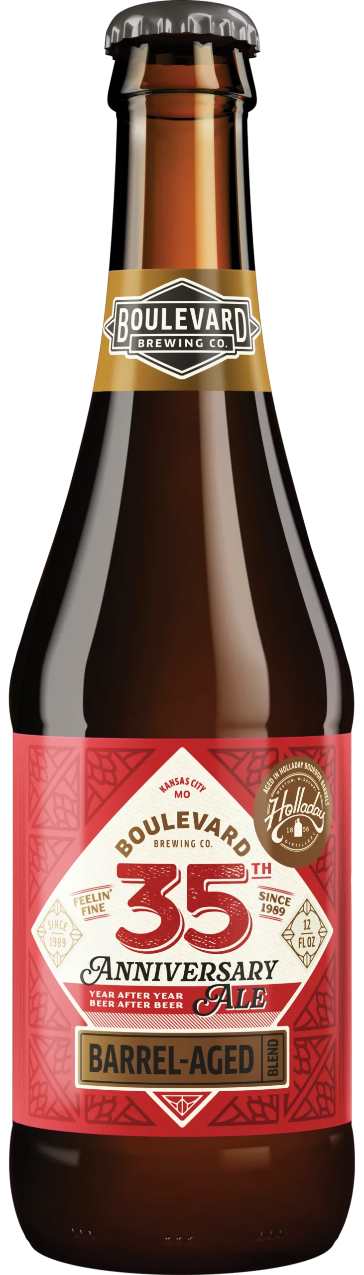 A brown bottle of Boulevard Brewing Co. 35th Anniversary Ale with a yellow cap. The label is predominantly red and white, featuring "35th Anniversary Barrel-Aged" text along with Holland wood-aging notes.