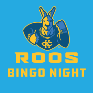 A blue and yellow logo featuring a kangaroo wearing a sweater with the initials "KC" on it. The kangaroo is giving a thumbs-up and raising its other fist. Below the logo, the text "ROOS BINGO NIGHT" is written in bold yellow letters on a blue background.