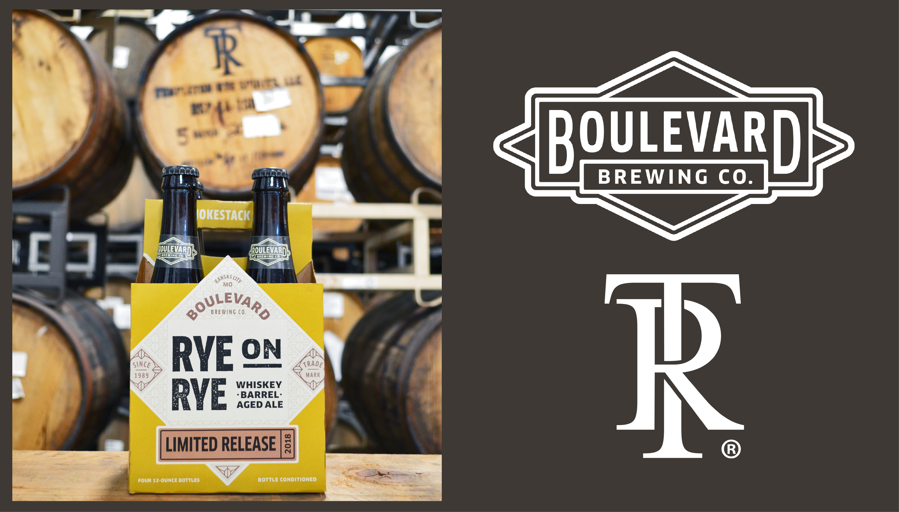 Six-pack of Boulevard Brewing Co.'s Rye on Rye whiskey barrel-aged ale in front of wooden barrels. Featuring brewery logos on the right, with dark brown background.