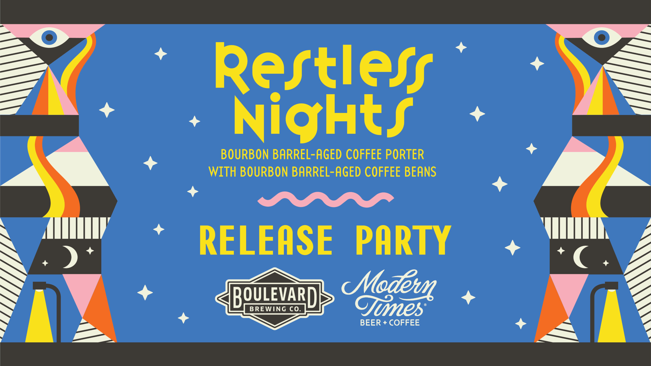 Colorful event poster for "Restless Nights," a bourbon barrel-aged coffee porter release party by Boulevard Brewing Co. and Modern Times Beer. The design features abstract patterns and bold typography on a blue background.