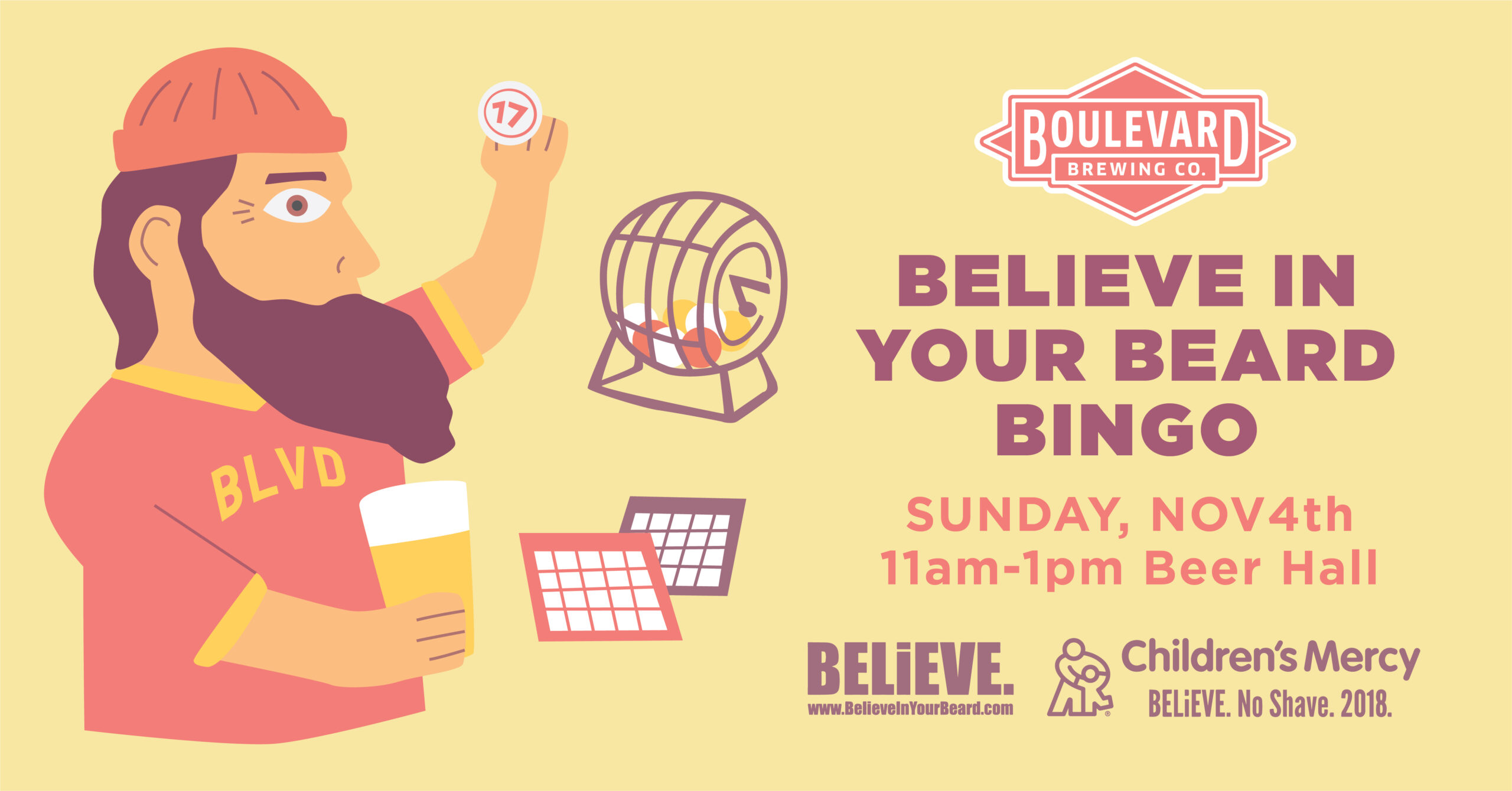 Illustration of a man with a beard playing bingo, holding a beer and a bingo ball. Text reads: "Believe in Your Beard Bingo, Sunday, Nov 4th, 11am-1pm, Beer Hall". Logos for Boulevard Brewing Co. and Children's Mercy. Charity event mention: "Believe. No Shave. 2018.