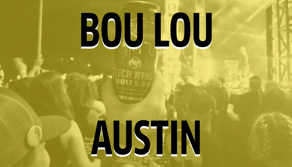 A person holds up a can of Bou Lou at a concert. The crowd is enjoying the performance, and the stage is brightly lit. The image has a yellow tint with bold text reading "BOU LOU AUSTIN.