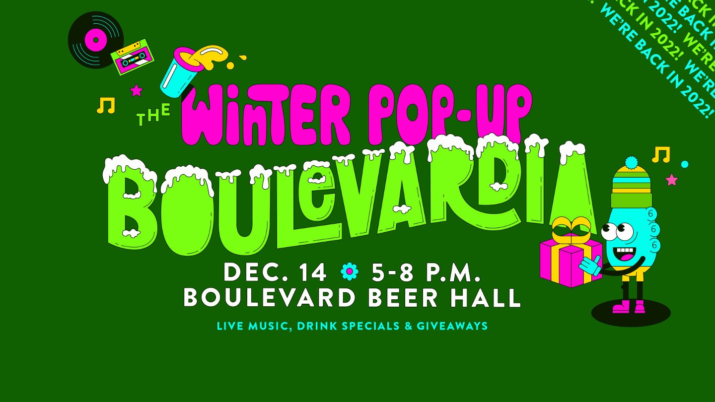 A colorful poster announcing "The Winter Pop-Up Boulevardia" event on December 14 from 5-8 P.M. at Boulevard Beer Hall. The poster features vibrant, playful text with snow-themed decorations, cartoon characters, and mentions live music, drink specials, and giveaways.