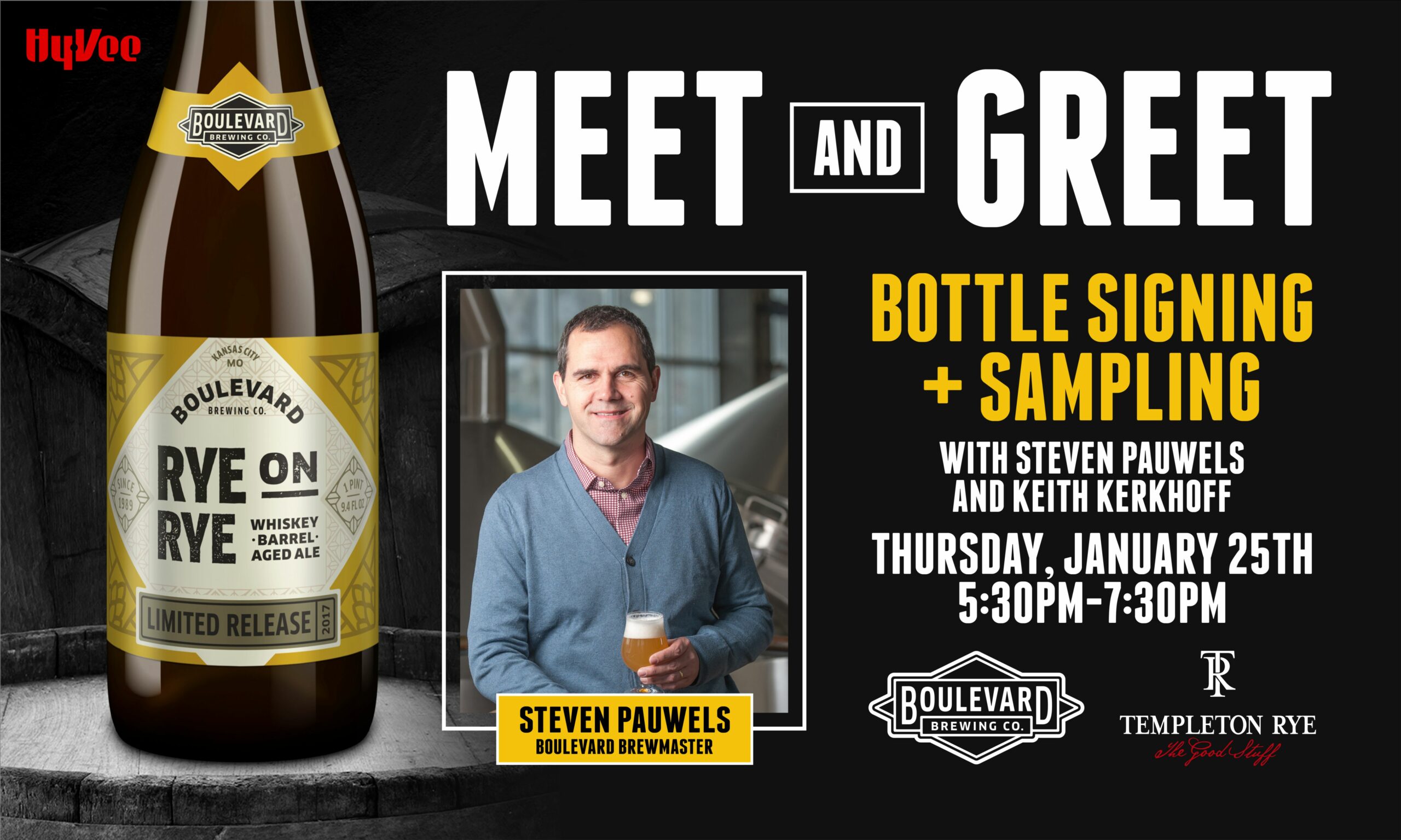 Image shows an advertisement for a "Meet and Greet" event with Steven Pauwels and Keith Kerkhoff, featuring bottle signing and sampling of Boulevard Brewing's "Rye on Rye" ale. Event details: Thursday, January 25th, 5:30 PM - 7:30 PM at Boulevard Brewing Co.