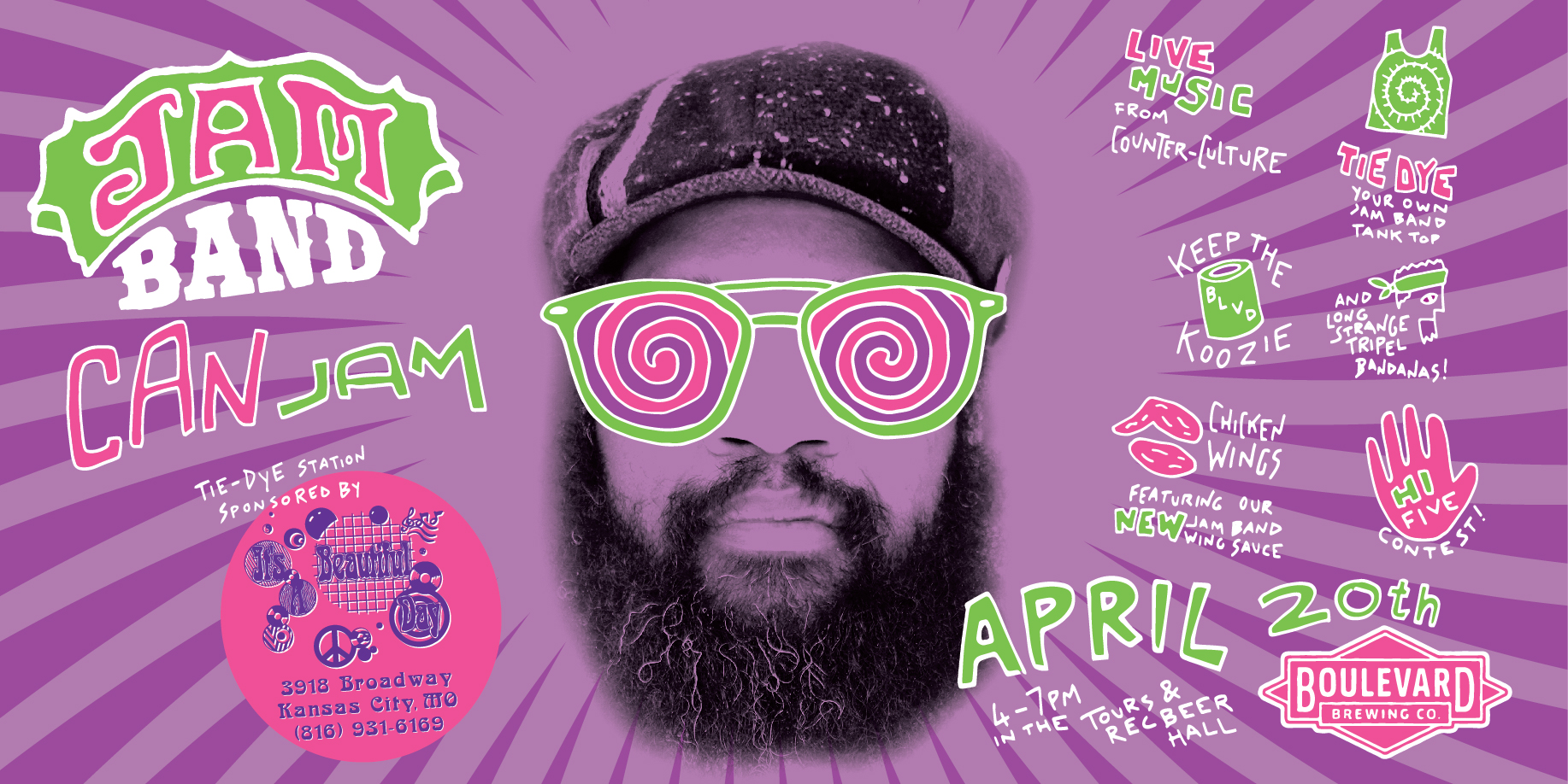 A colorful poster for a 'Jam Band Can Jam' event featuring psychedelic designs and a person with spiral glasses. Includes event details: April 20th, 4-7 PM, The Preber Hall, 2616 Broadway, Kansas City, MO. Sponsored by Boulevard Brewing Co.