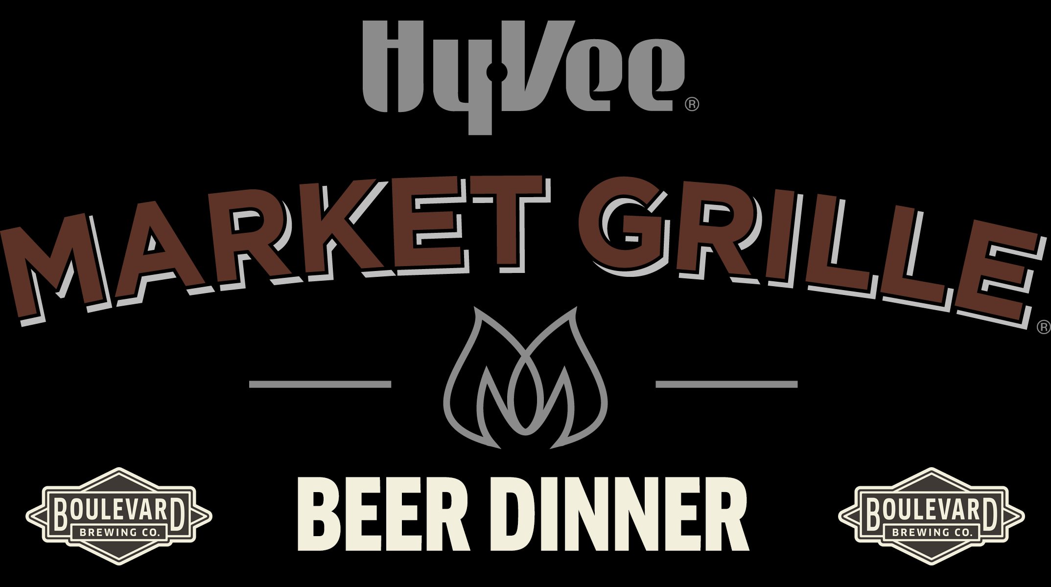 Text graphic for Hy-Vee Market Grille Beer Dinner. It features stylized text with brown and white lettering on a black background and includes the Boulevard Brewing Co. logo on each side.