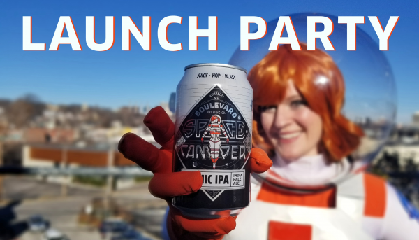 A person in a space-themed costume holds a can of Boulevard Space Camper Cosmic IPA. The background shows a blurred cityscape, and the words "LAUNCH PARTY" are prominently displayed at the top.