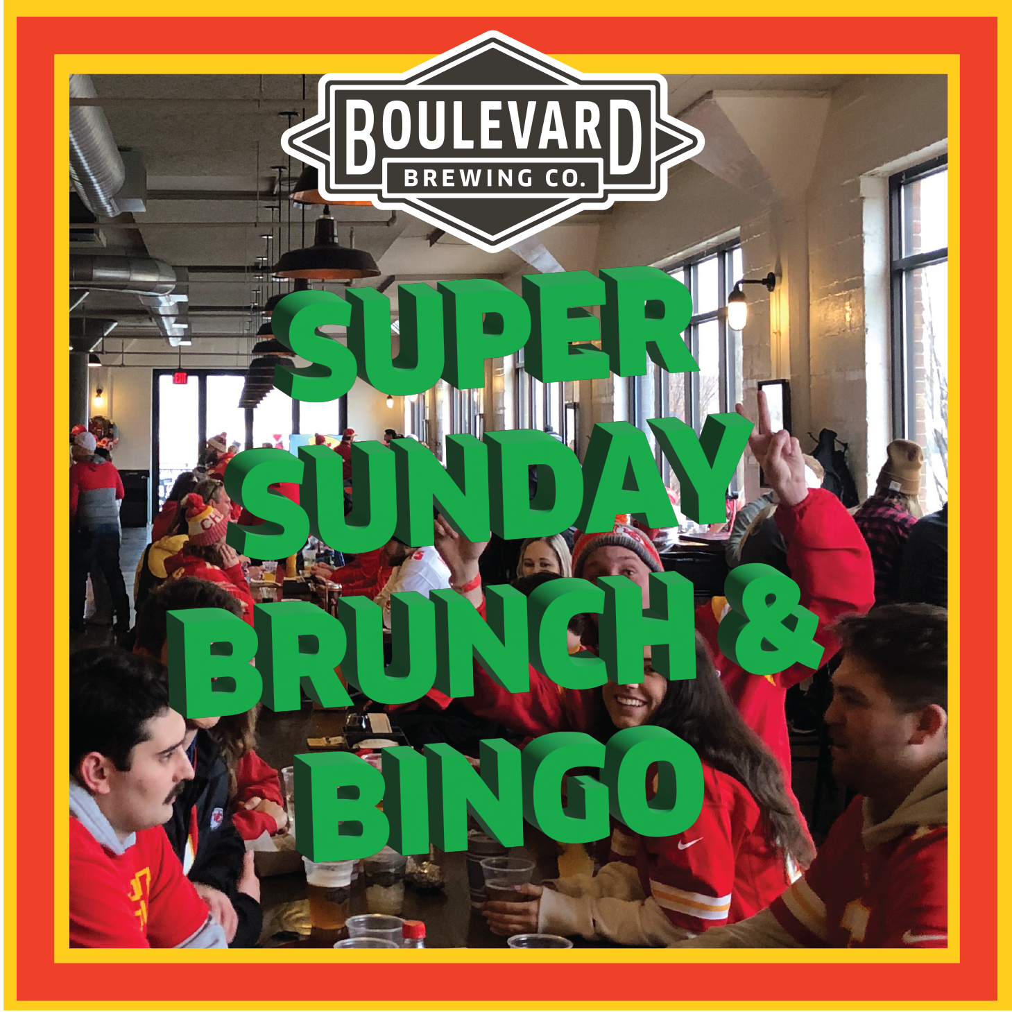 People seated at tables wearing red sports jerseys in a bright, industrial-style brewery. Green text reads "Super Sunday Brunch & Bingo," with the white "Boulevard Brewing Co." logo at the top. The atmosphere is lively and social.