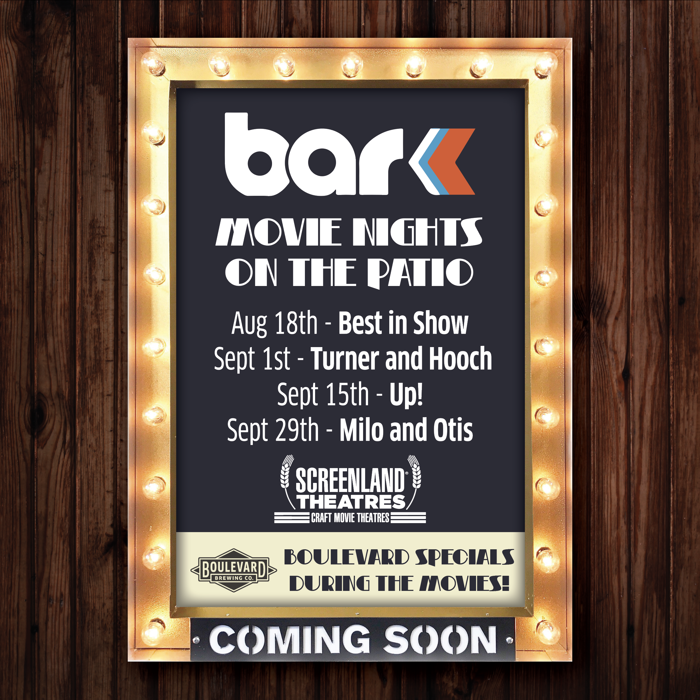 A retro-style cinema sign with marquee lights advertises "Bark Movie Nights on the Patio" at Screenland Theatres. Films include "Best in Show," "Turner and Hooch," "Up!," and "Milo and Otis," with dates in August and September. Boulevard specials noted.