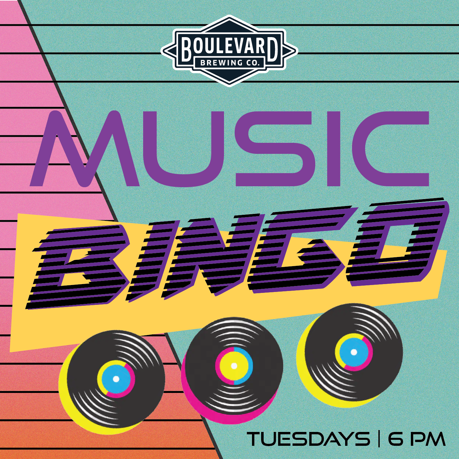 Flyer for "Music Bingo" hosted by Boulevard Brewing Co. The text is in a retro style with colorful records depicted at the bottom. "Tuesdays | 6 PM" is indicated in the lower right corner. The background features a grid pattern with vibrant colors.