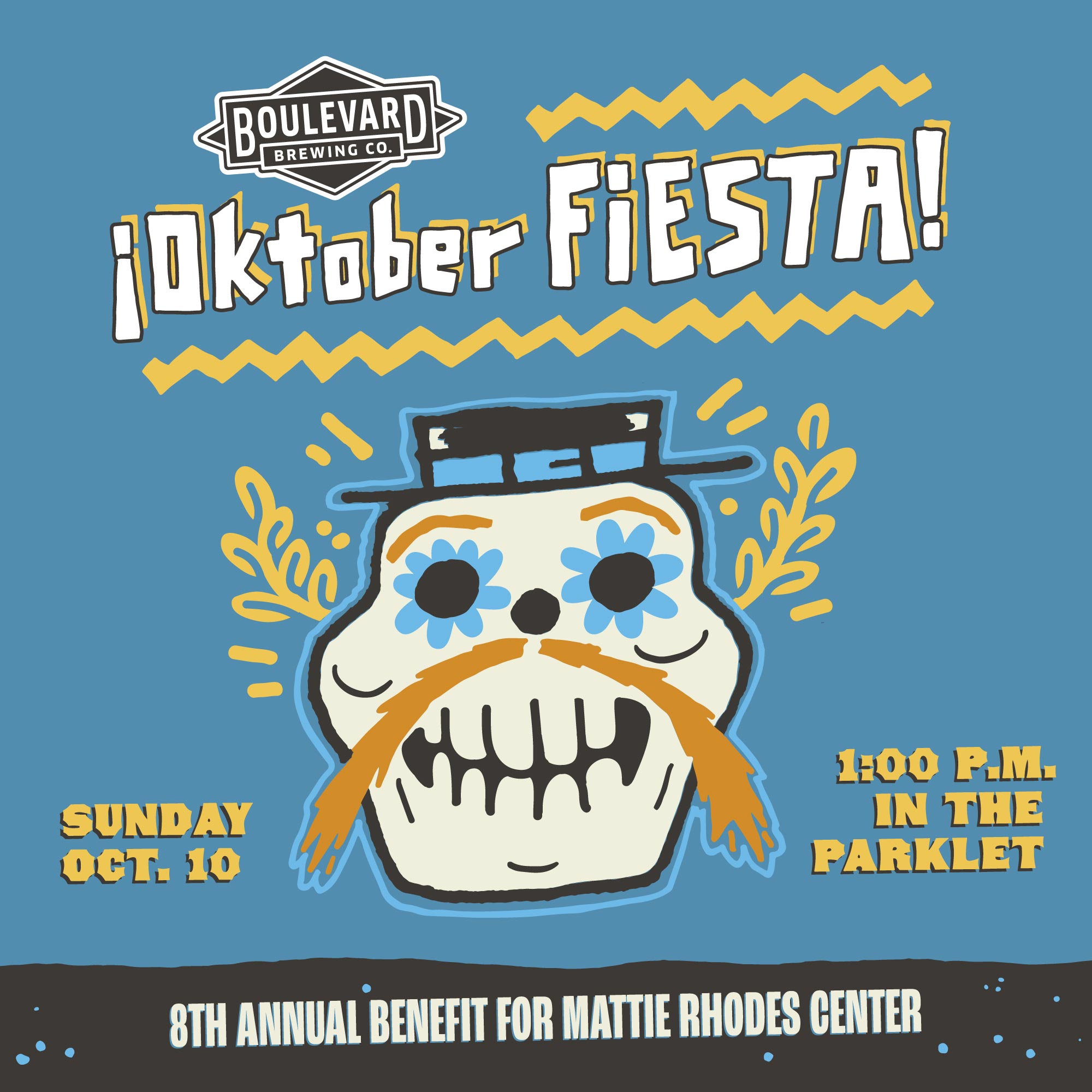 A colorful poster for Boulevard Brewing Co.'s Oktober Fiesta on Sunday, Oct. 10 at 1:00 P.M. in the Parklet. The design features a festive skull with flowers for eyes, wearing a hat, surrounded by yellow decorations. It benefits the Mattie Rhodes Center.