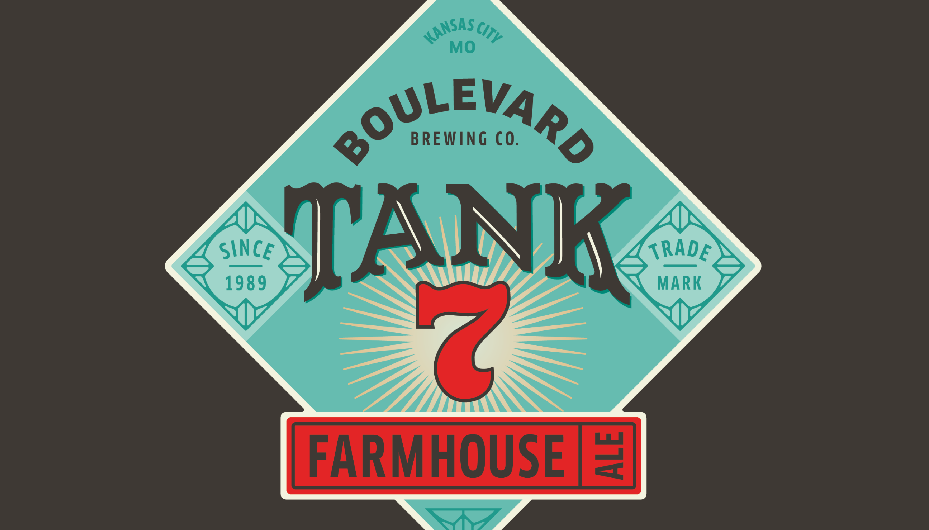 A vintage-style label for Boulevard Brewing Co. featuring the text "Tank 7 Farmhouse Ale" with a diamond shape, sunburst design, and mentions of "Kansas City MO," "Since 1989," and "Trade Mark.