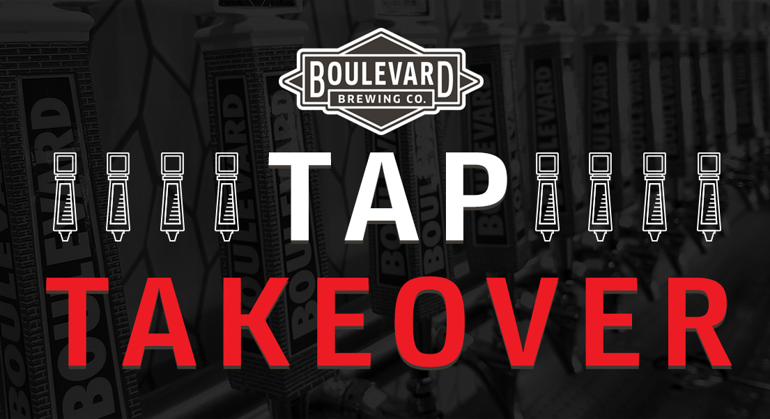 Image of a Boulevard Brewing Co. sign with the text "Tap Takeover" in bold letters. The background features a row of beer taps, each labeled with Boulevard branding.