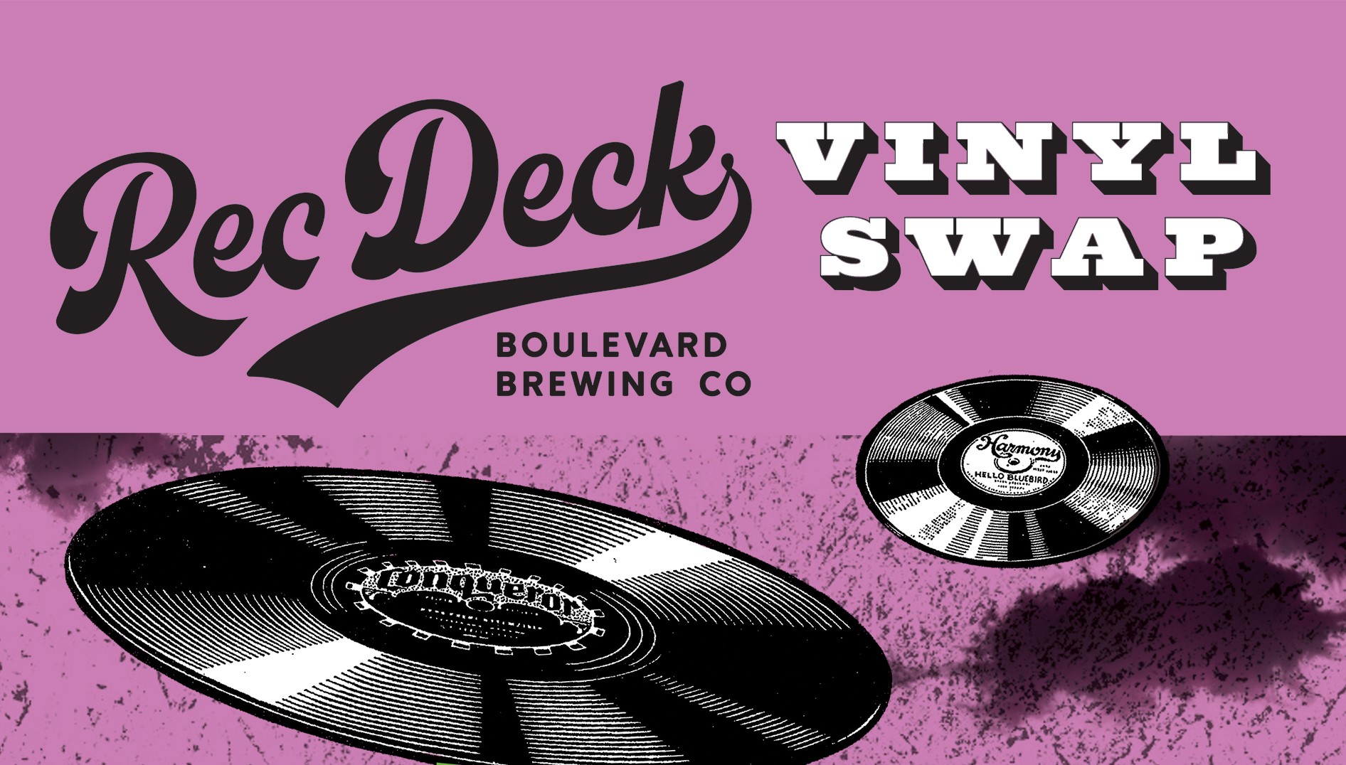 Vinyl Swap event poster for Rec Deck by Boulevard Brewing Co. Features two vinyl records with a purple background.