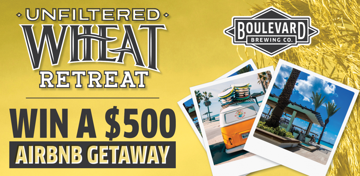 Promotional graphic for Boulevard Brewing Co.'s Unfiltered Wheat Retreat, featuring polaroid-style photos of a beach scene, a palm tree, and a cooler. Text reads: "Win a $500 Airbnb Getaway.