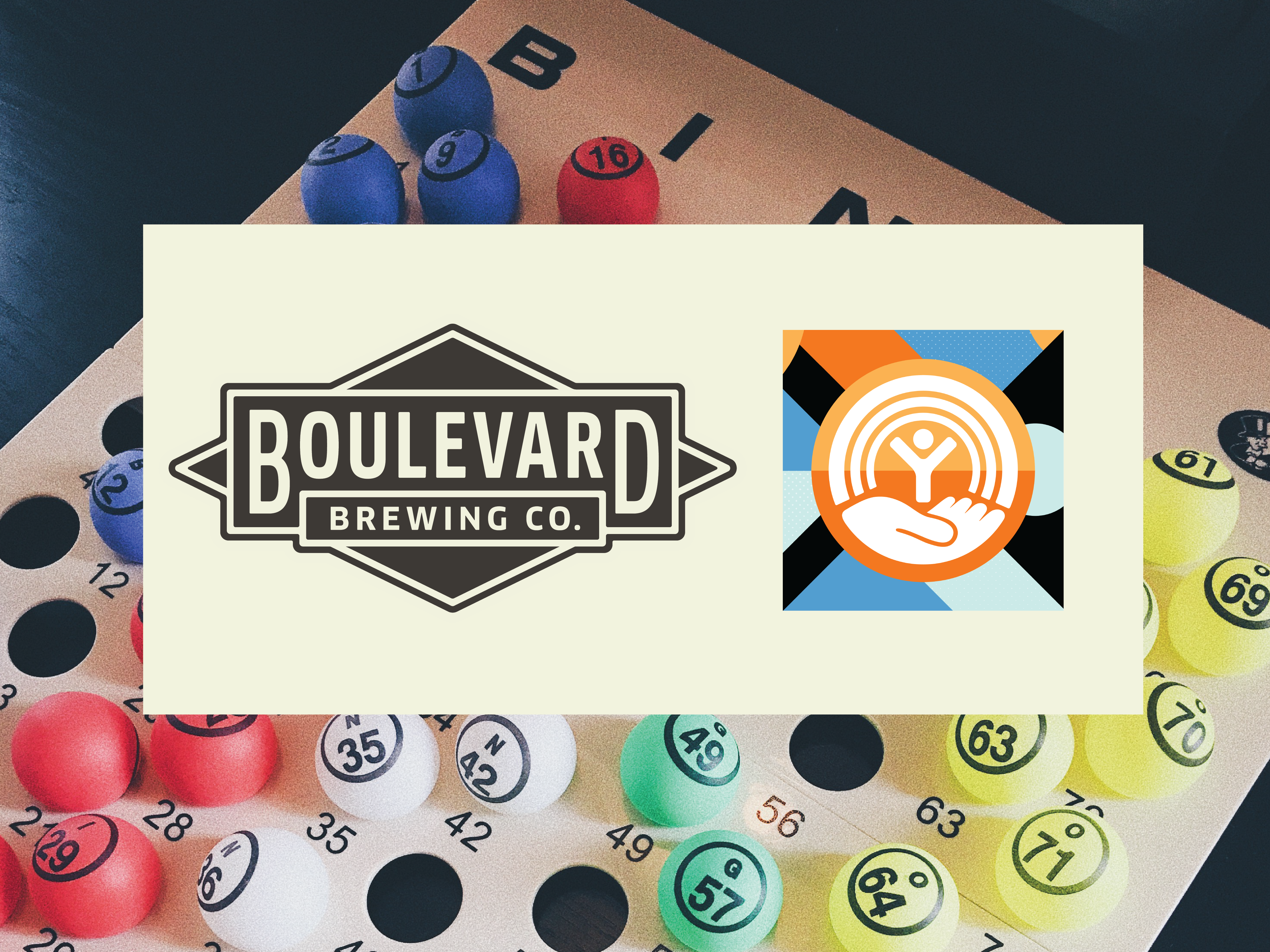 Close-up of a bingo board with colorful balls and logos. The left logo is for Boulevard Brewing Co., and the right logo features stylized hands with a circular pattern.