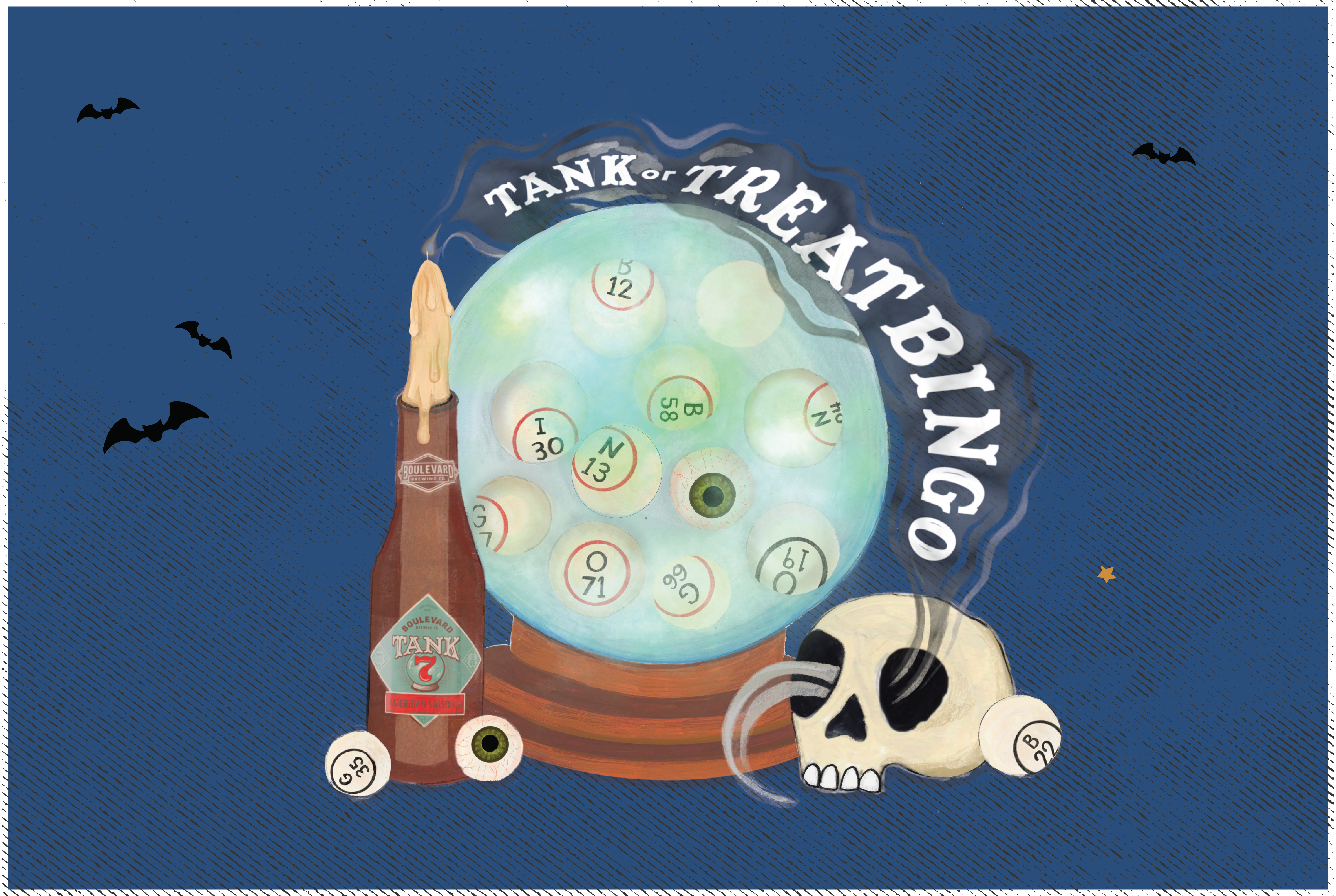 A spooky-themed image featuring a bingo cage with numbered balls, a bottle of "Tank 7" beer, a candle, and a smoking skull. Bats fly in the dark blue sky. The text reads "Tank or Treat Bingo.