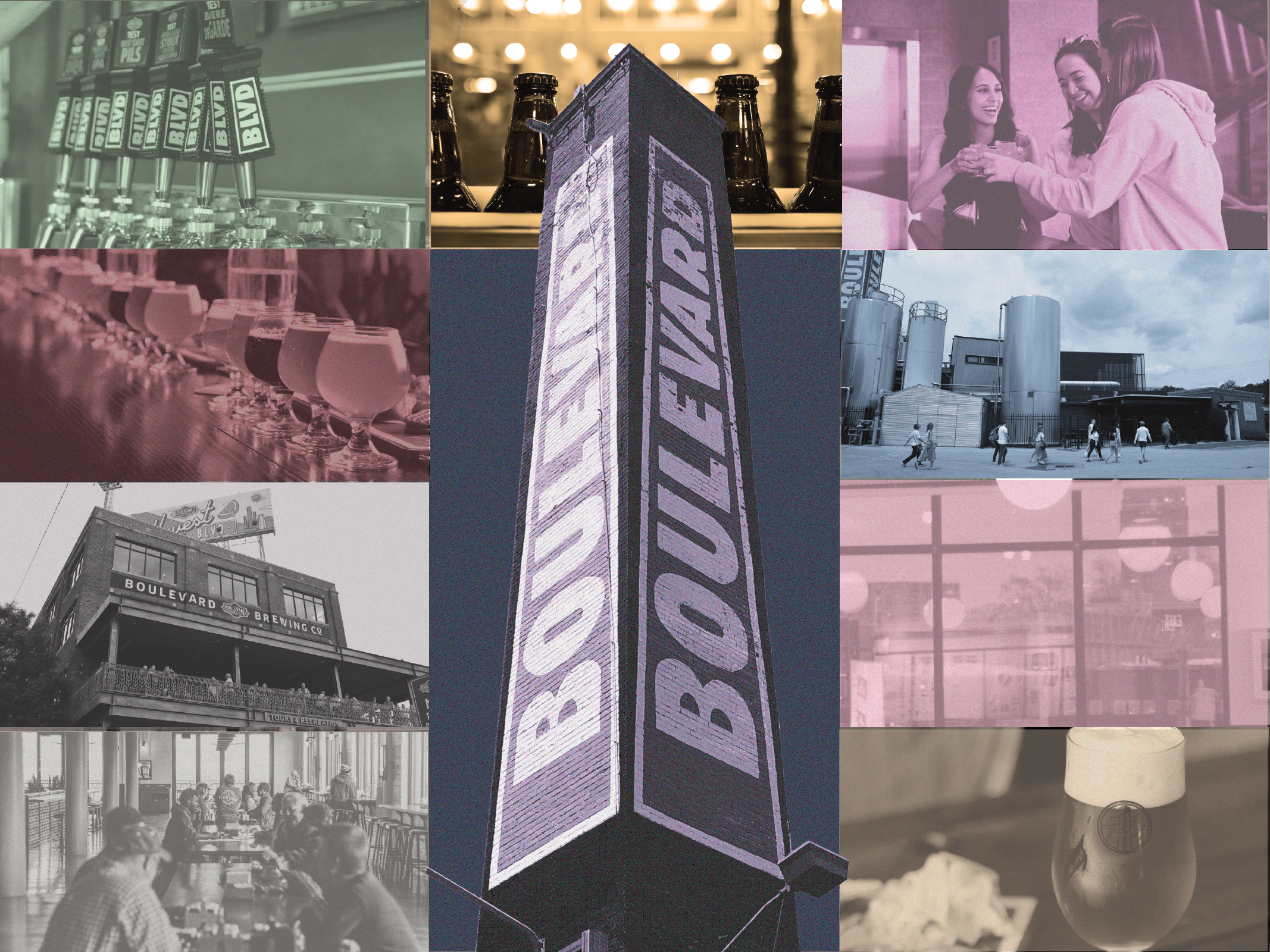 A collage featuring images of people socializing, beer taps, and glasses of beer. The central image showcases a large sign reading "BOULEVARD." Surrounding it are scenes from a brewery, patrons enjoying beers, and the exterior of a building with brewing equipment.