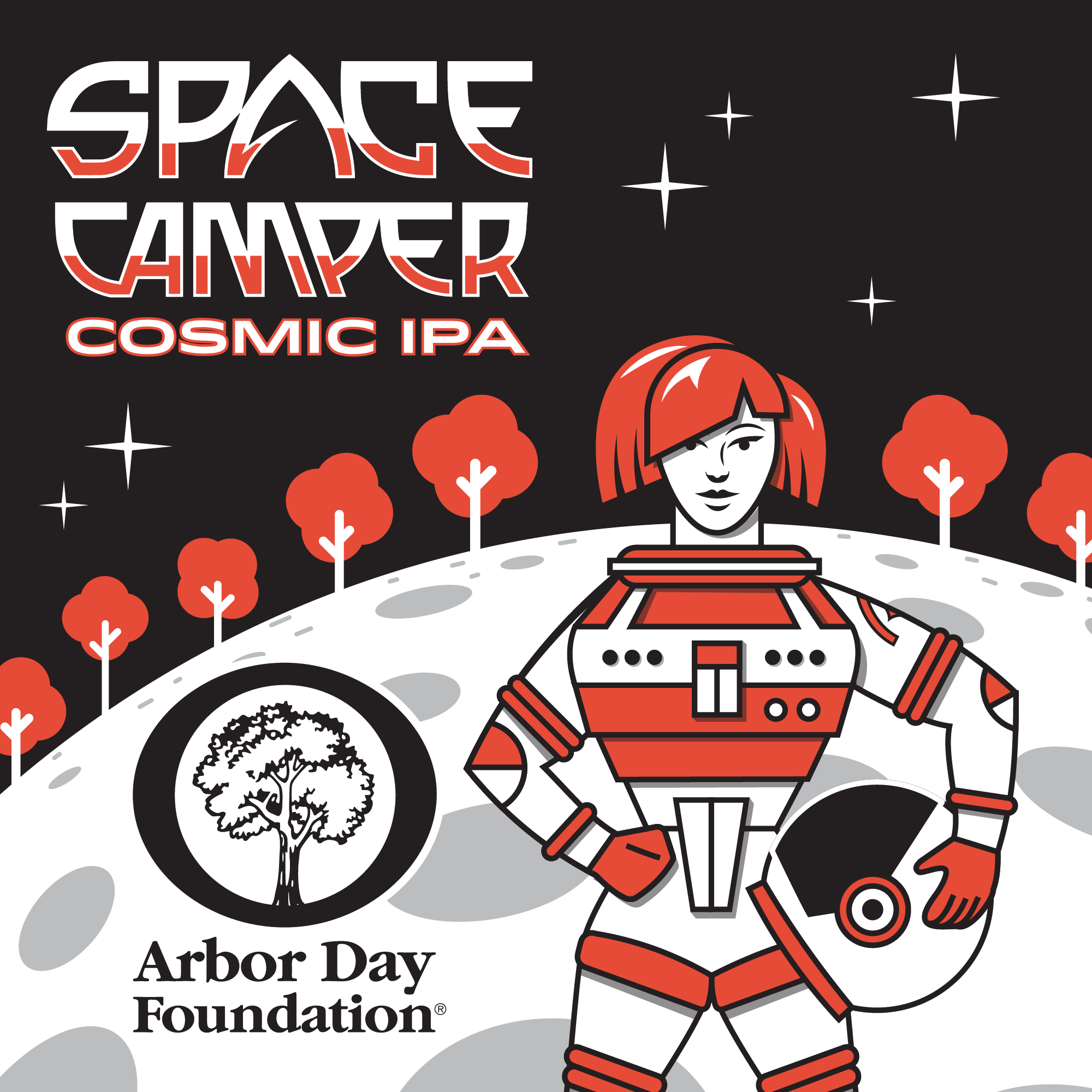 Illustrated image of a space-themed beer label for "Space Camper Cosmic IPA". It features a female astronaut on a lunar landscape with red and white trees in the background. The logo for Arbor Day Foundation is also present.