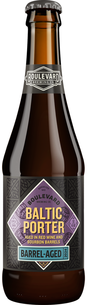 A brown bottle of Boulevard Brewing Co.'s Baltic Porter is shown. The label features purple and brown geometric designs with text indicating it is a barrel-aged beer, aged in red wine and bourbon barrels, with an alcohol content of 12.3%.