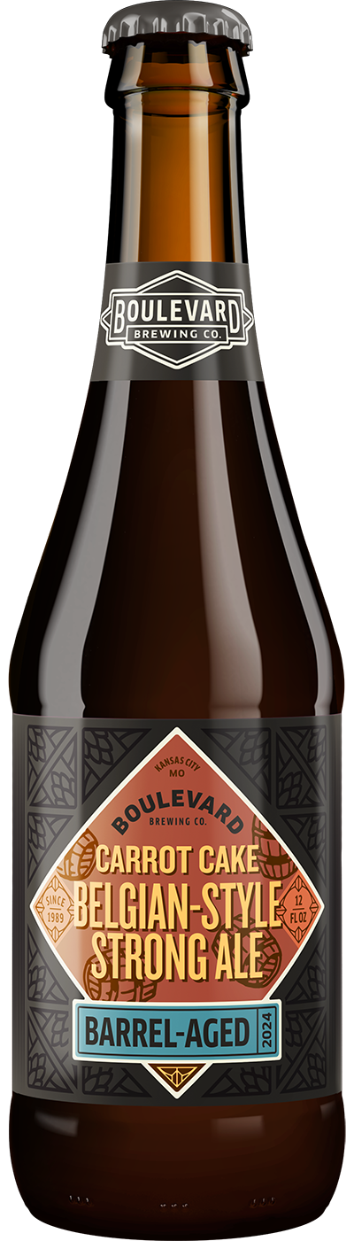 A bottle of Boulevard Brewing Co.’s Carrot Cake Belgian-Style Strong Ale. The label features geometric designs and text indicating it is barrel-aged.