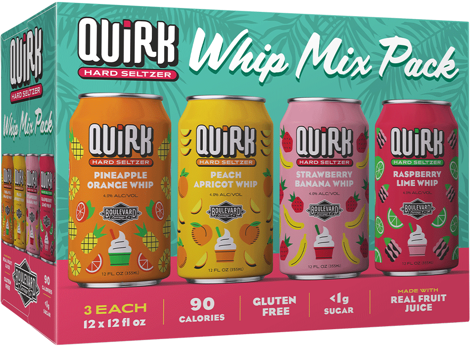 A colorful Quirk Hard Seltzer variety pack box featuring four flavors: Pineapple Orange Whip, Peach Apricot Whip, Strawberry Banana Whip, and Raspberry Lime Whip. Each flavor is displayed on the box with illustrated cans showing fruit graphics.