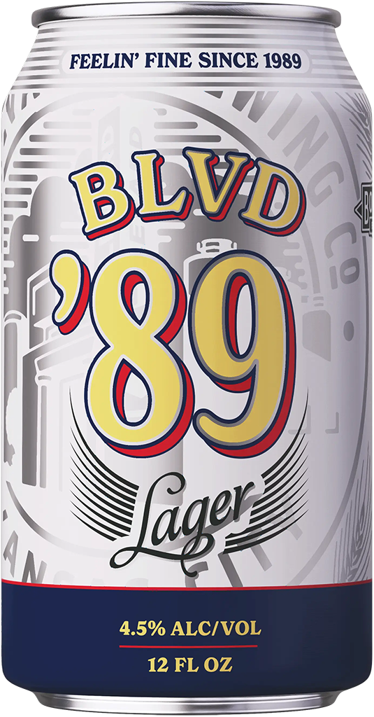 A can of BLVD '89 Lager with a slogan "Feelin' Fine Since 1989" at the top. The can indicates the beer has 4.5% alcohol by volume and comes in a 12 fl oz size. The design features bold text and a backdrop of cityscape graphics.