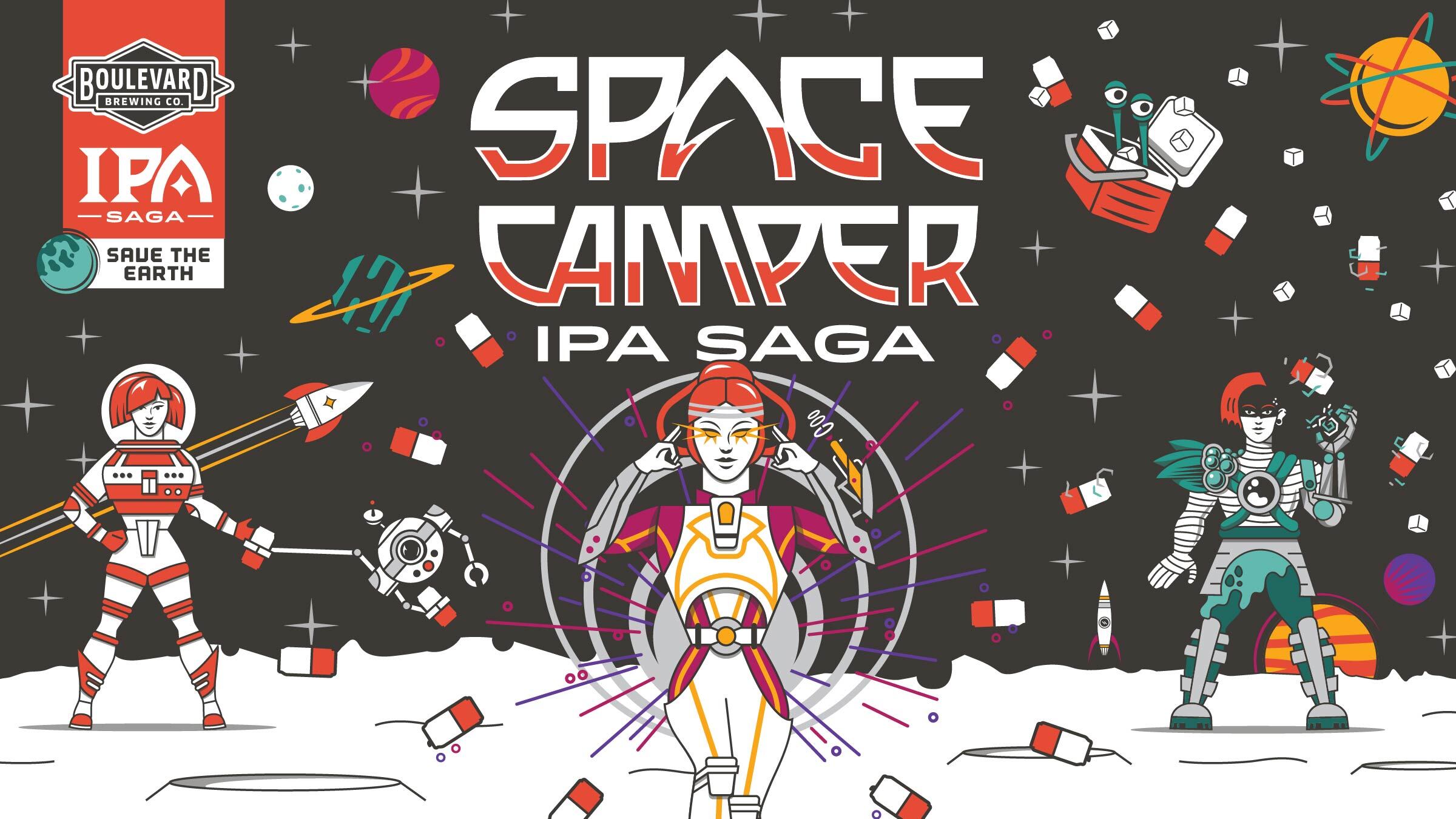 Graphic illustration for Boulevard Brewing Co.'s Space Camper IPA Saga. Features a central heroic astronaut in colorful gear against a starry space background. Two more astronauts on the sides amid floating cans of the IPA. Text reads "Save the Earth" and "Space Camper IPA Saga.