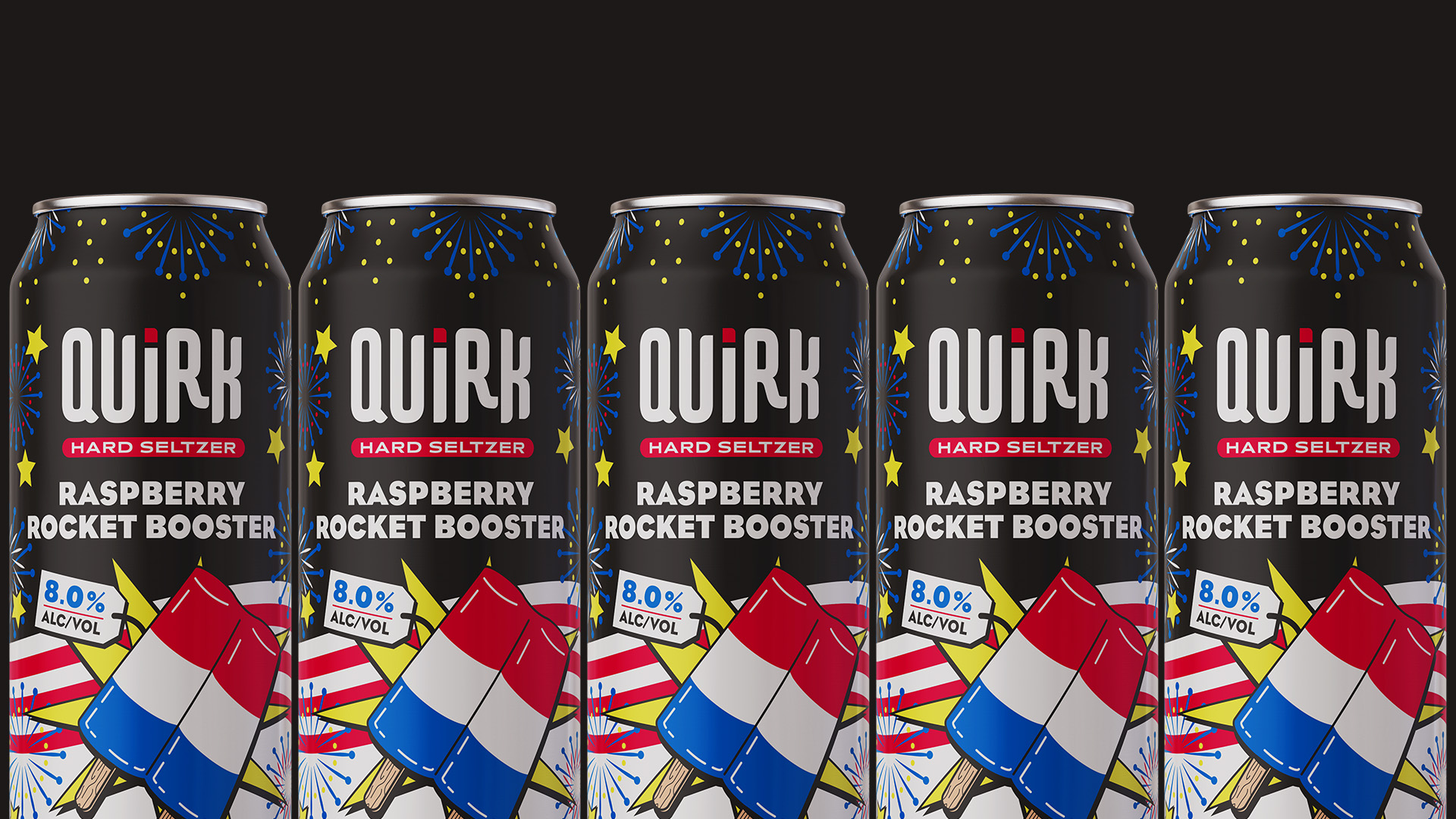 Five cans of Quirk hard seltzer, raspberry rocket booster flavor, arranged in a row against a black background. The cans are decorated with fireworks, stars, and red, white, and blue rocket popsicles, indicating an 8.0% alcohol content.