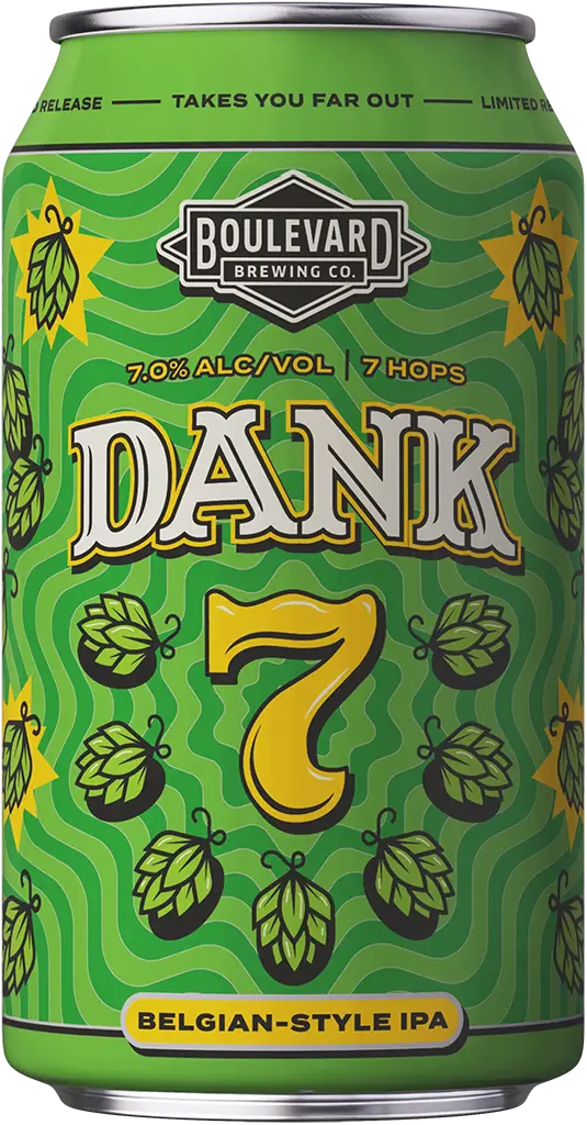 A can of Boulevard Brewing Co.'s Dank 7 Belgian-Style IPA with 7.0% alcohol by volume. The can features a green psychedelic design with hop illustrations and text that reads "Takes You Far Out" and "Limited Release.