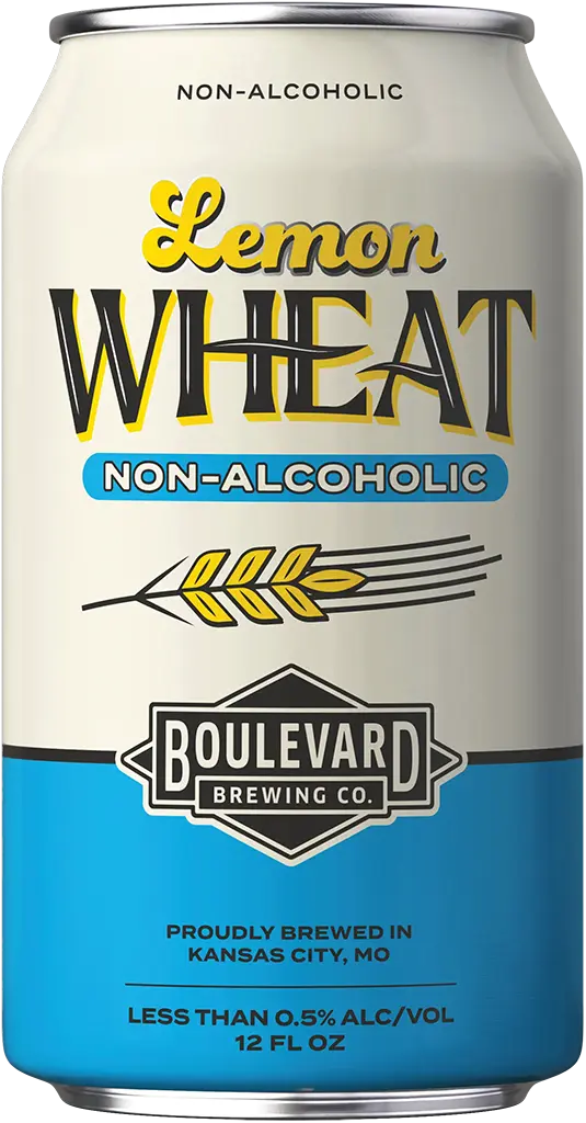 A can of Boulevard Brewing Co.'s Non-Alcoholic Lemon Wheat beer. The can is white with a blue bottom section, featuring a wheat design and the text "Lemon Wheat" in large letters. It contains less than 0.5% alcohol by volume and holds 12 fluid ounces.