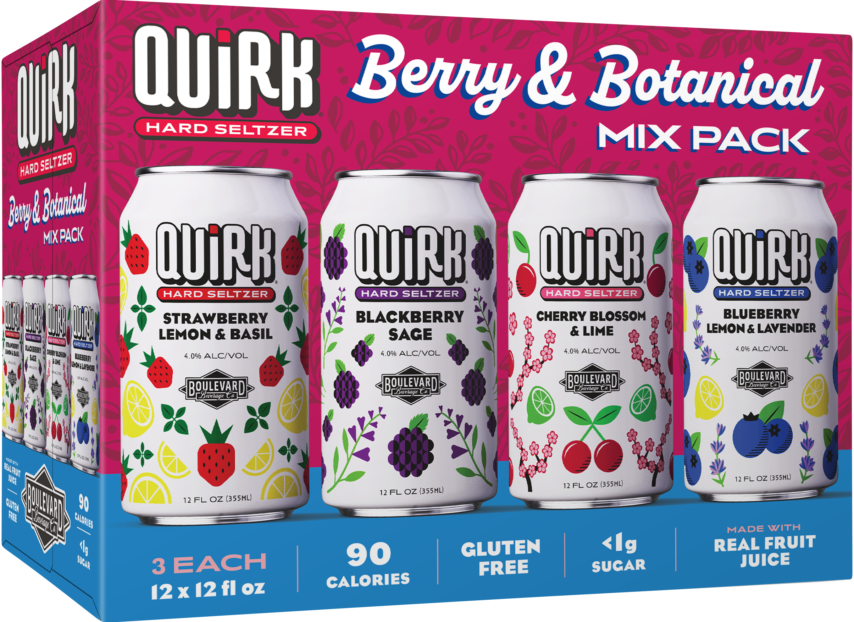 A 12-pack box of Quirk Hard Seltzer Berry & Botanical Mix Pack. The box features four flavors: Strawberry Lemon & Basil, Blackberry Sage, Cherry Blossom & Lime, and Blueberry Lemon & Lavender. Each can displays vibrant, colorful illustrations of the fruits and botanicals.