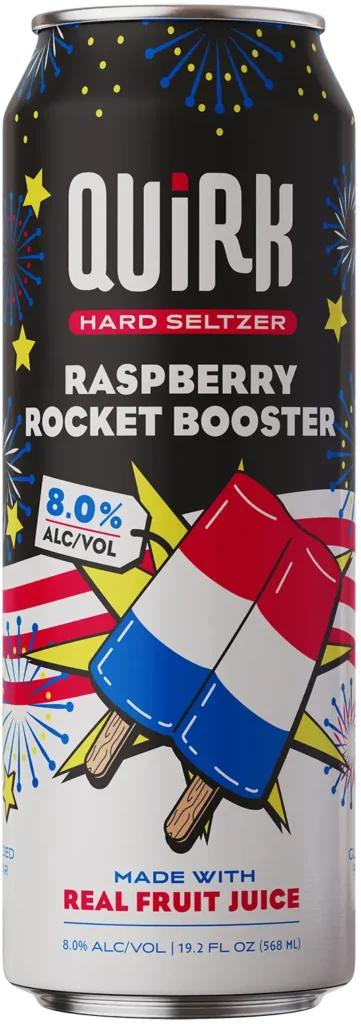 A Quirk Hard Seltzer can with "Raspberry Rocket Booster" flavor. The design features colorful fireworks, a red, white, and blue popsicle, and a prominent 8.0% alcohol by volume (alc/vol) label. The text notes it is made with real fruit juice.