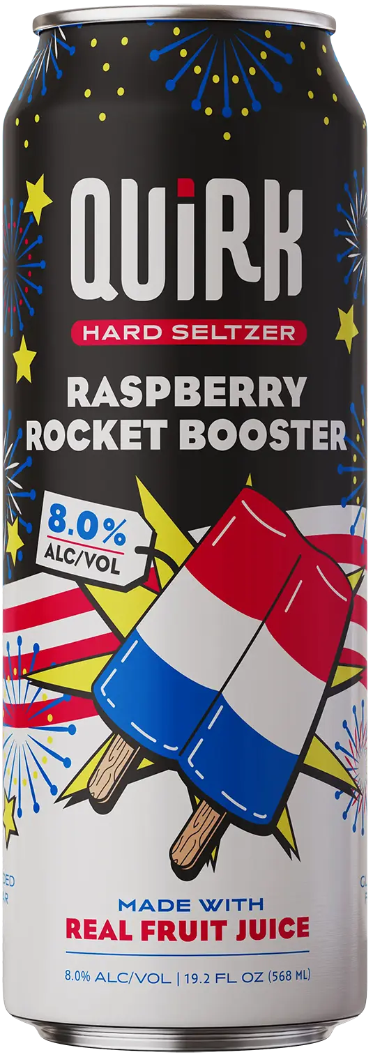 A Quirk Hard Seltzer can with "Raspberry Rocket Booster" flavor. The design features colorful fireworks, a red, white, and blue popsicle, and a prominent 8.0% alcohol by volume (alc/vol) label. The text notes it is made with real fruit juice.