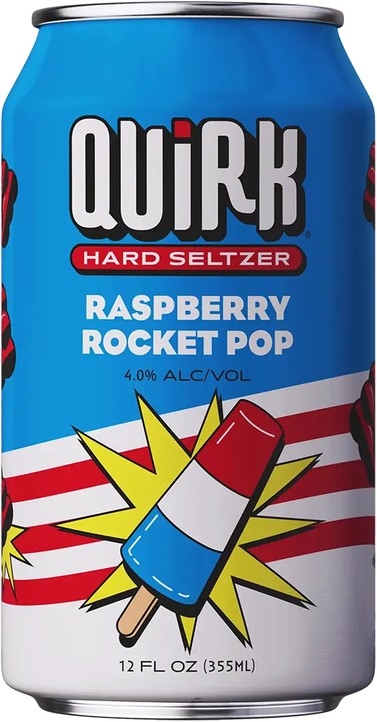 A blue can of Quirk Hard Seltzer with a Raspberry Rocket Pop flavor. The can is decorated with a colorful image of a red, white, and blue rocket-shaped popsicle, surrounded by red, white, and blue stripes. The text indicates it contains 4.0% alcohol by volume.