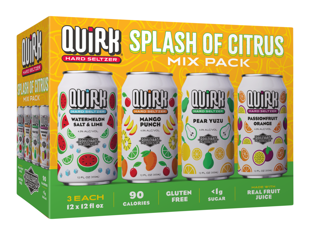 A 12-pack box of Quirk Hard Seltzer Splash of Citrus Mix Pack. The package features four different flavors: Watermelon Salt & Lime, Mango Punch, Pear Yuzu, and Passionfruit Orange. Each flavor's can is illustrated with relevant fruit graphics and colorful designs.