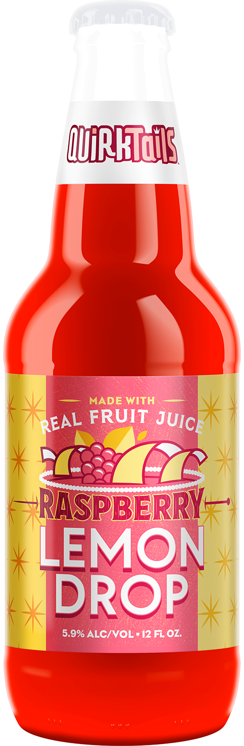 A 12 oz bottle of QuirkTails Raspberry Lemon Drop drink. The label showcases vibrant images of raspberries and lemons, with the text "Made with Real Fruit Juice" and "5.9% Alc/Vol." The bottle houses a red beverage and is topped with a neat white cap.