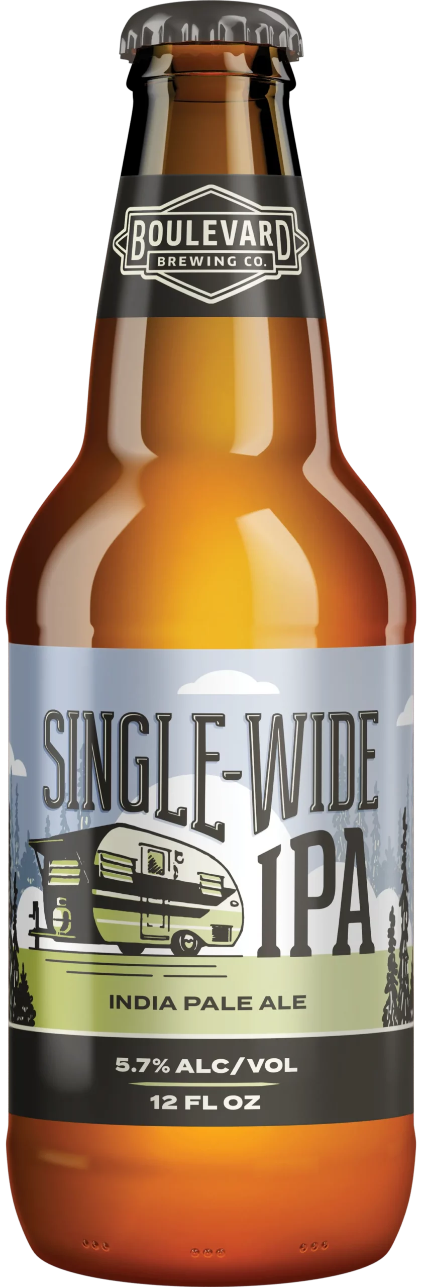 An amber glass bottle of Boulevard Brewing Co.'s Single-Wide IPA. The label features a green and black design with a trailer illustration, stating 5.7% alc/vol and 12 fl oz.