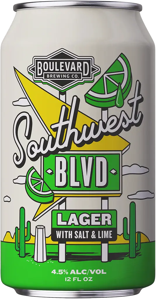 A can of Boulevard Brewing Co.'s "Southwest BLVD" Lager with Salt & Lime. The can features colorful graphics of lime slices, a road sign, cactus, and desert elements, with the alcohol content labeled as 4.5% and the volume as 12 fl oz.