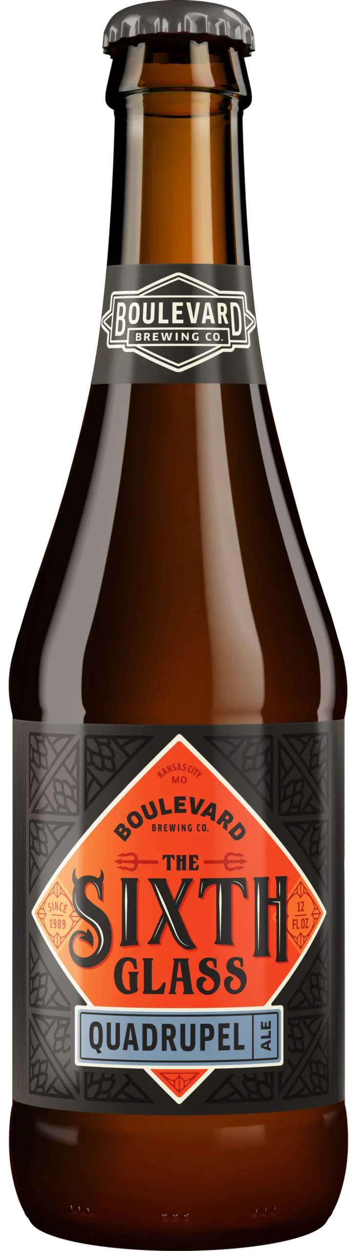 A bottle of Boulevard Brewing Co.'s “The Sixth Glass” Quadrupel Ale. The label features a diamond-shaped orange design with black text and accents, indicating that it's a quadrupel ale with an alcohol content of 10.2% by volume and a 12 FL. Oz. capacity.