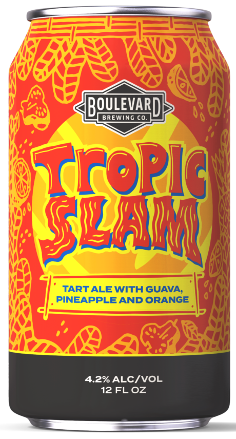 A can of Boulevard Brewing Co.'s Tropic Slam, a tart ale with guava, pineapple, and orange. The can features a vibrant design with tropical fruit graphics and text highlighting its 4.2% alcohol content, in a 12 fl oz size.