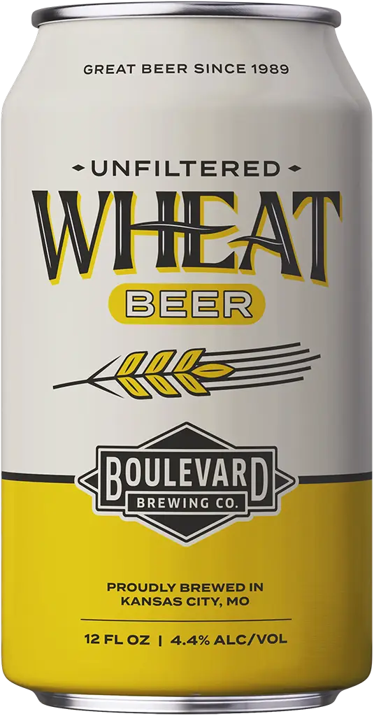 Image of a beer can with a white upper half and yellow lower half. The label reads "UNFILTERED WHEAT BEER" in black letters with the Boulevard Brewing Co. logo. Text at the bottom states "Proudly Brewed in Kansas City, MO," "12 FL OZ," and "4.4% ALC/VOL.