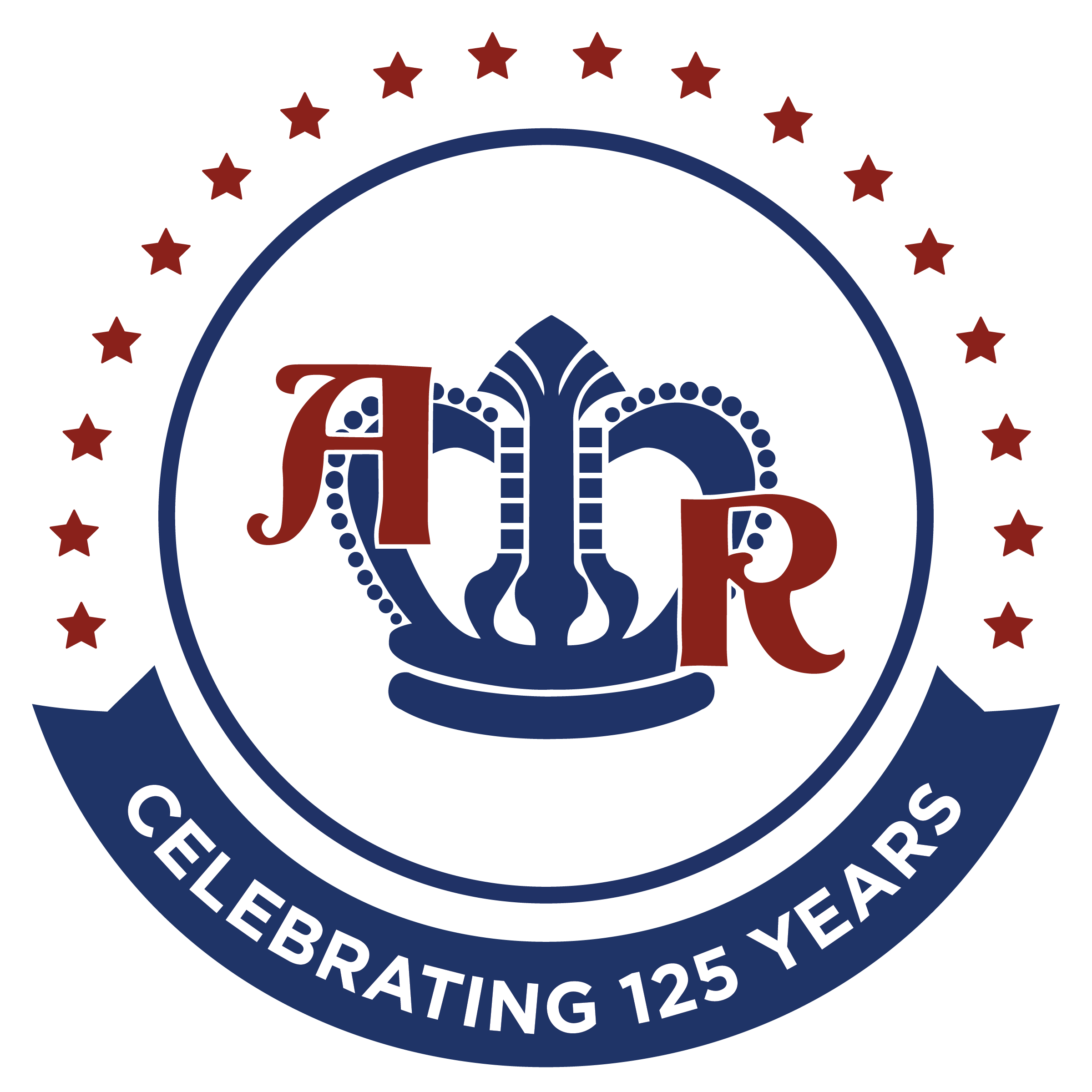 A circular emblem about a storied legacy features a stylized crown with the letters "A" and "R." It is encircled by red stars, while a blue ribbon beneath proudly reads, "Celebrating 125 Years.