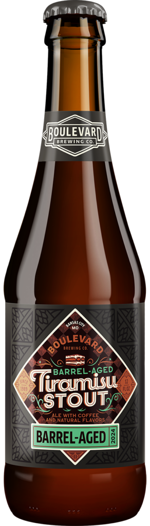 A brown bottle of Boulevard Brewing Co. barrel-aged Turonisu Stout with a detailed label displaying the brand name and product information. The label features geometric patterns and emphasizes the barrel-aged aspect of the stout.