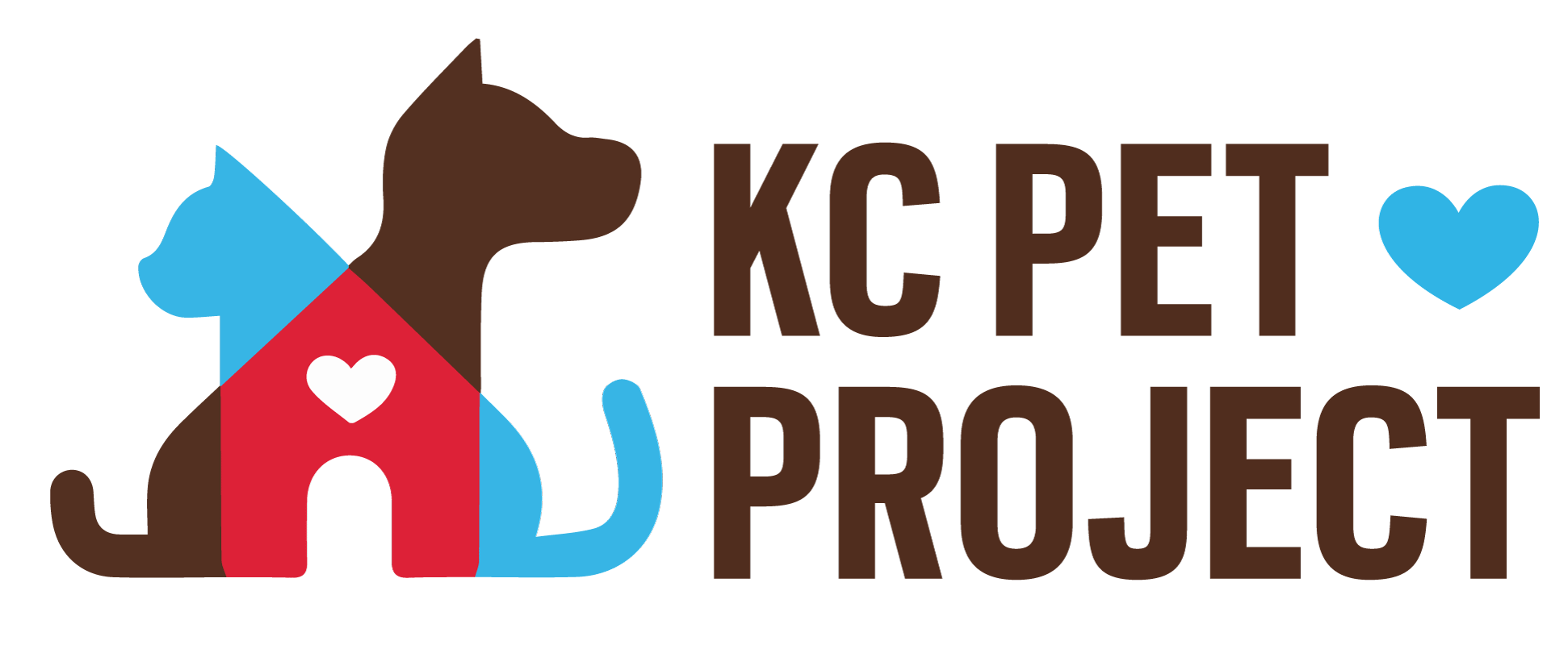 The logo of KC Pet Project features a stylized brown dog and blue cat with a red house and white heart at the center, perfectly capturing what we're all about. The text "KC Pet Project" appears in brown, with a small blue heart beside it, symbolizing our commitment to animal welfare.