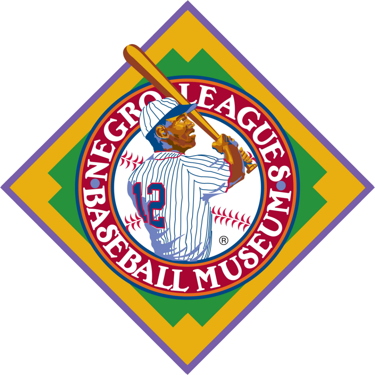 The logo of the Negro Leagues Baseball Museum, designed within a diamond shape, features a baseball player in a striped uniform holding a bat. The circular background of baseballs and the museum's name encircles the player, telling a story about this historic legacy.