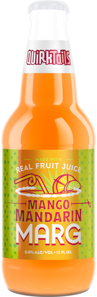 A 12 fl. oz. bottle of QuirkTails Mango Mandarin MARG, showcasing its orange beverage. The label highlights "Made with Real Fruit Juice," 5.9% alcohol by volume, with illustrations of mangoes and mandarin slices on a green dotted background.