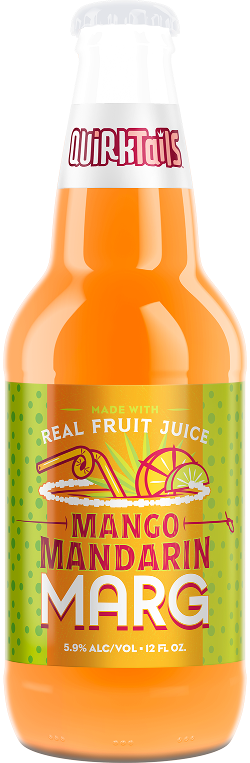 A 12 fl. oz. bottle of QuirkTails Mango Mandarin MARG, showcasing its orange beverage. The label highlights "Made with Real Fruit Juice," 5.9% alcohol by volume, with illustrations of mangoes and mandarin slices on a green dotted background.